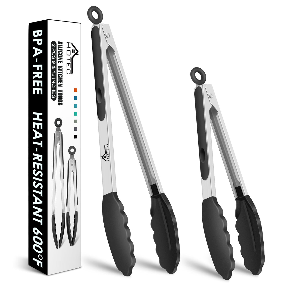 HOTEC Stainless Steel Kitchen Tongs with Silicone Tips, Set of 2-9" and 12"