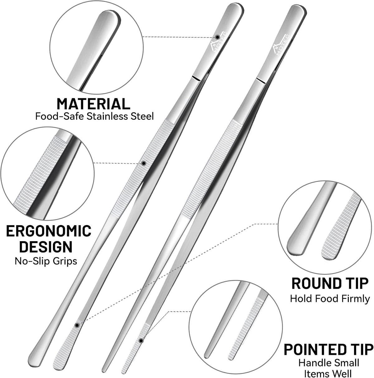HOTEC Kitchen Tweezers Stainless Steel Cooking Tweezers 2 Pcs-12"