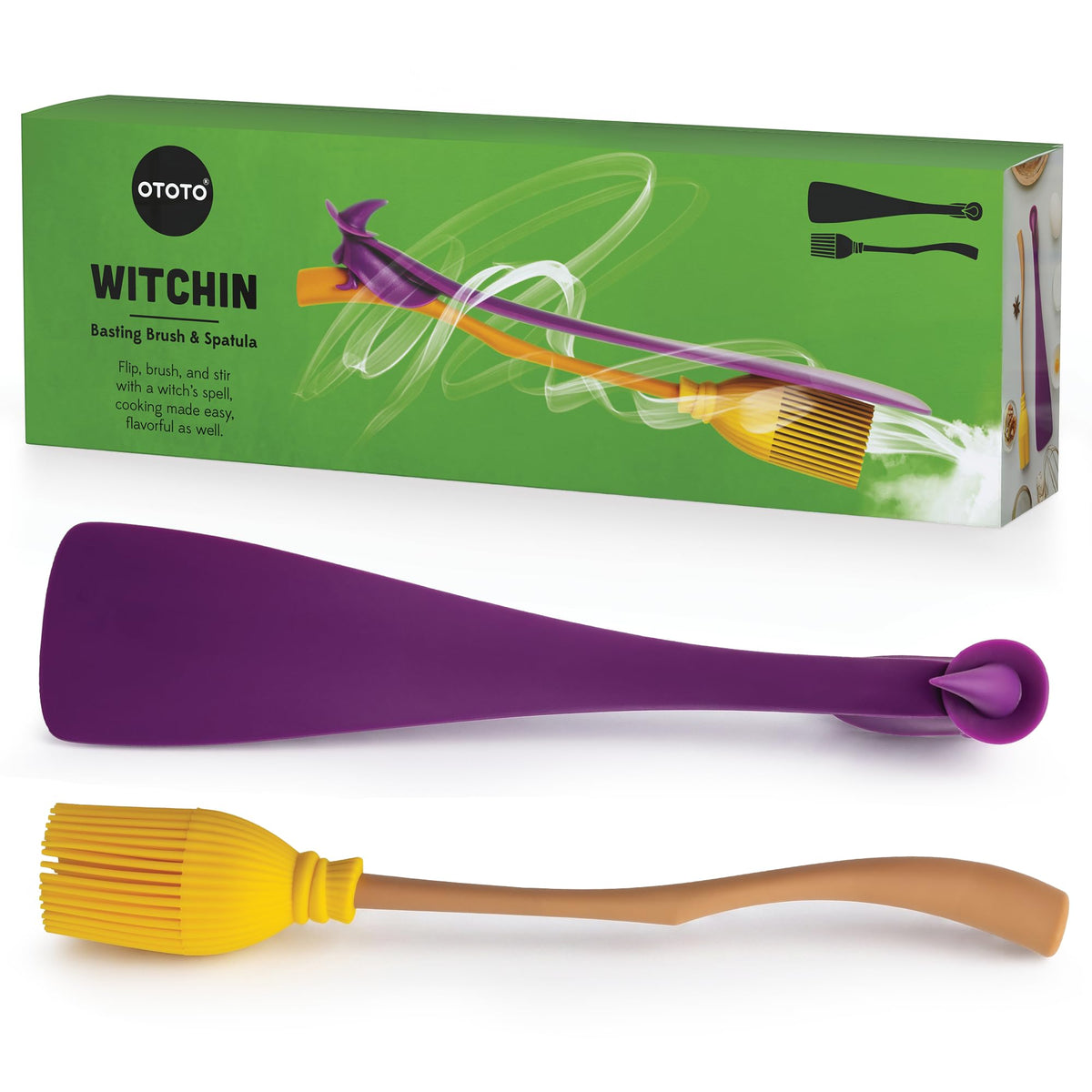 OTOTO Spatula and Pastry Brush - Silicone Heat Resistant and Basting Brush, Cooking and Baking Spatula, Spooky Witchy Gifts, Gothic Kitchen Halloween Gifts, Unique Kitchen Gadgets (Witchin)