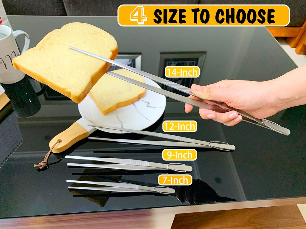 JETKONG 9 12 14 Inch Extra Long Kitchen Tweezers Heavy Duty Stainless Steel Cooking Tweezers, Set of 3 (Point Tips, Silver)