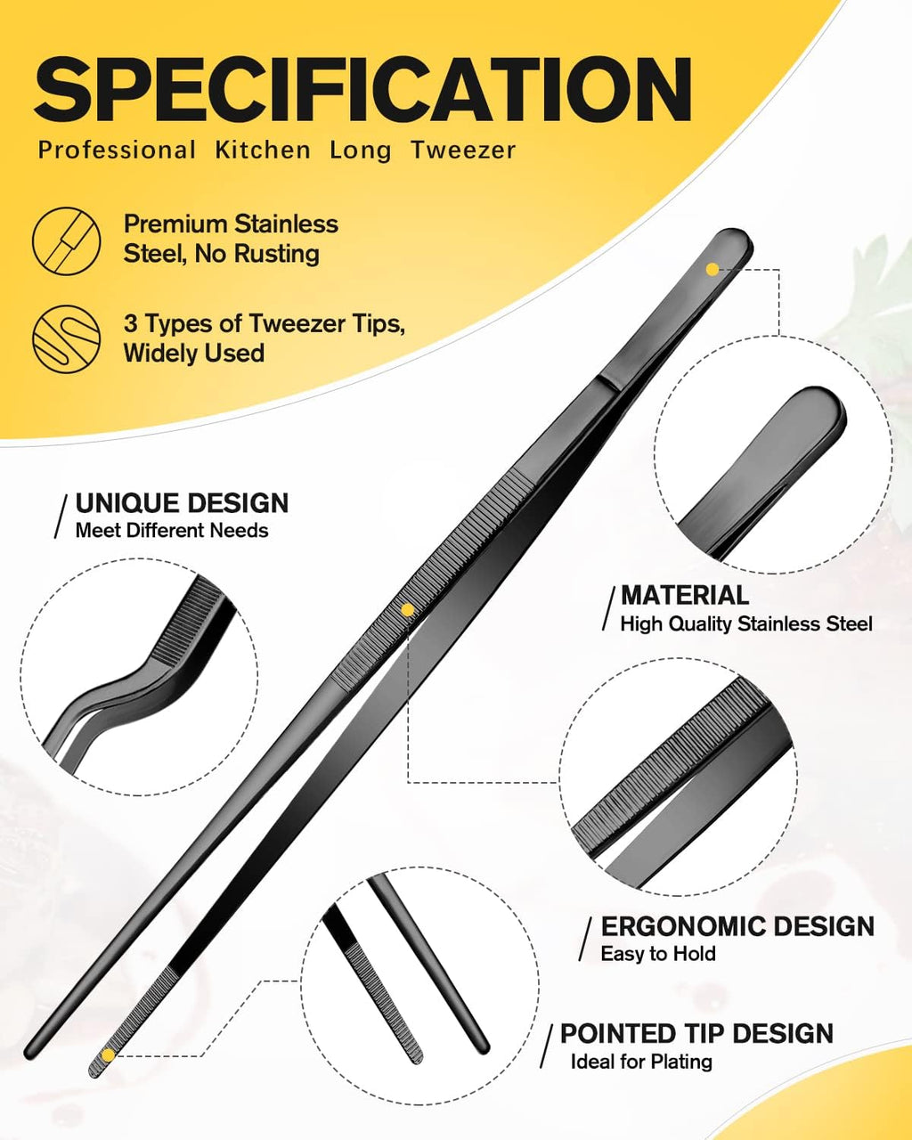 BUNDLEPRO Kitchen Tweezers Tongs with Precision Serrated Tips, 3 Pcs, 12''