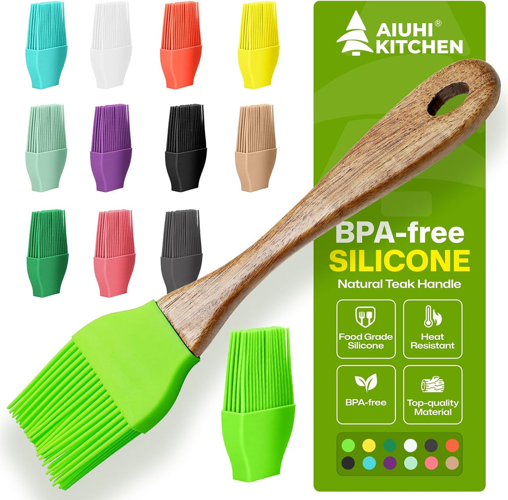 AIUHI Basting Brush for Cooking, Silicone Oil Brush with Wooden Handle, Heat Resistant Pastry Brushes with 12 Color Silicone Brush Head