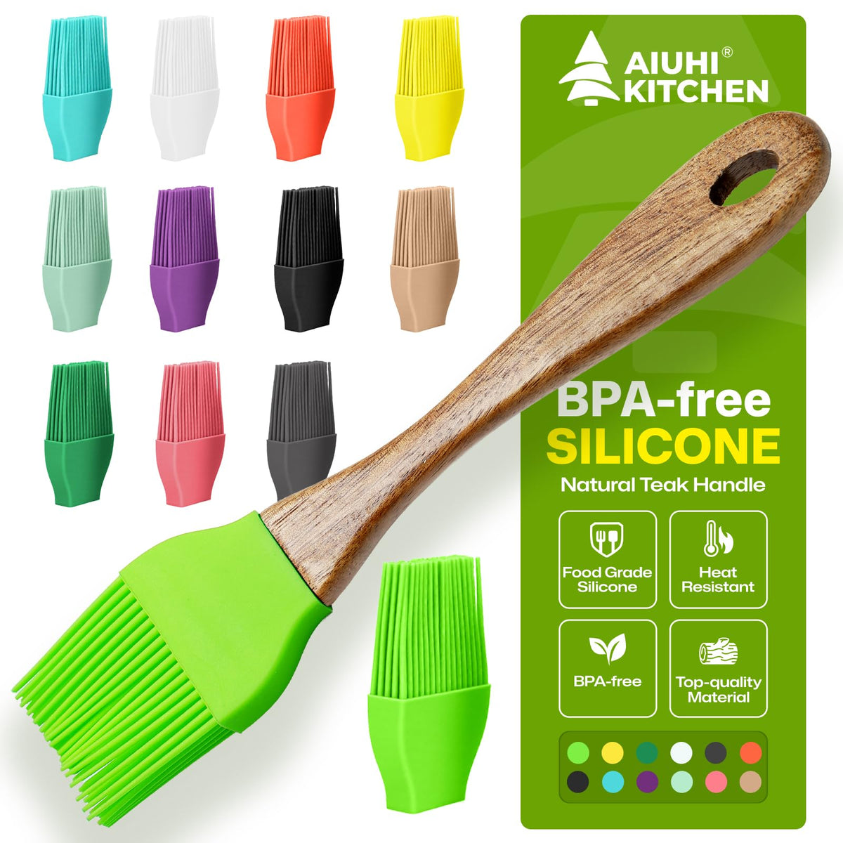 AIUHI Basting Brush for Cooking, Silicone Oil Brush with Wooden Handle, Heat Resistant Pastry Brushes with 12 Color Silicone Brush Head