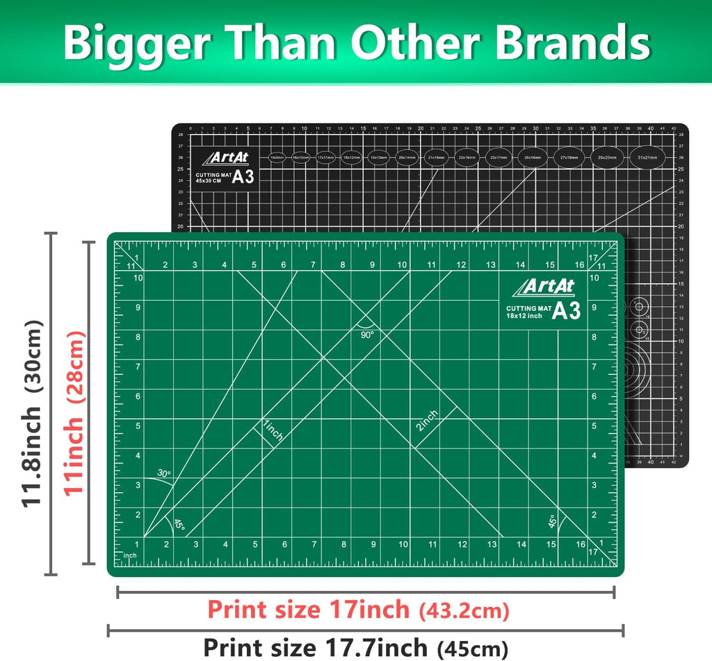 ArtAt Self Healing Cutting Mat: 12inch x 18inch Double Sided 5-Ply Fabric Cutting Mat for Sewing, Quilting & Arts & Crafts - Gridded Rotary Cutting Board Mat in Green/Black.