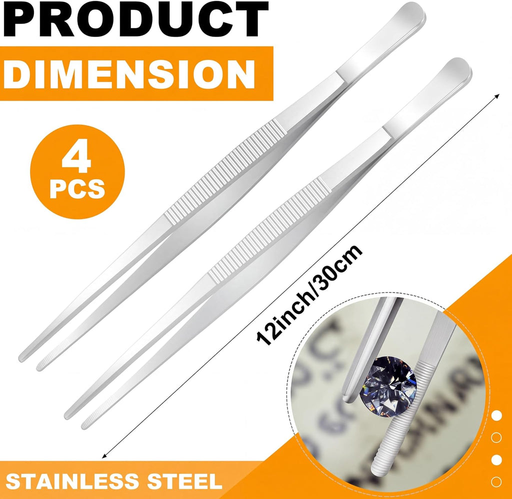 Yaomiao 4 Packs 12 Inch Cooking Tweezers Bar Kitchen Tongs, Silver