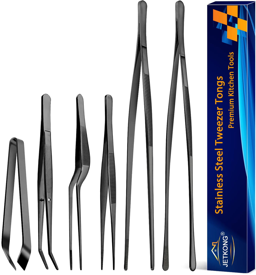 JETKONG 6 Pcs Cooking Tweezer Tongs, 12'' and 6.3" Stainless Steel Kitchen Tweezer Set, Professional Chef Tweezers for Cooking, Repairing, Sea Food, BBQ, Multi-use