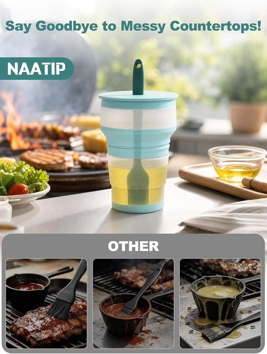 Adjustable Silicone Basting Brush, Foldable Sauce Cup, 2 Pack, 446°F