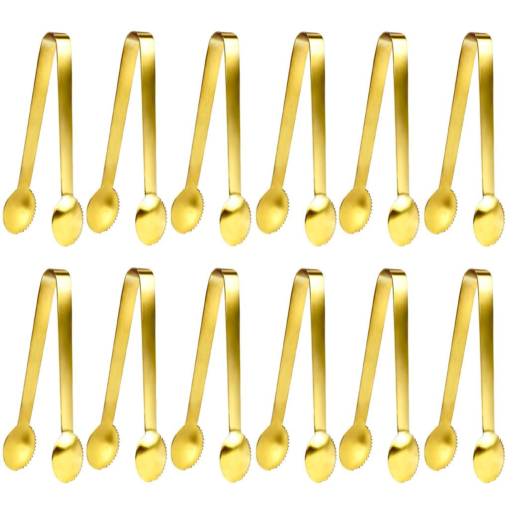 JCREN 12 Pcs Serving Tongs, Small Serving Utensils for Parties Catering Gold Tongs, Small Stainless Steel Mini Appetizer Tongs for Tea Party Coffee Bar, 4 Inches - Gold