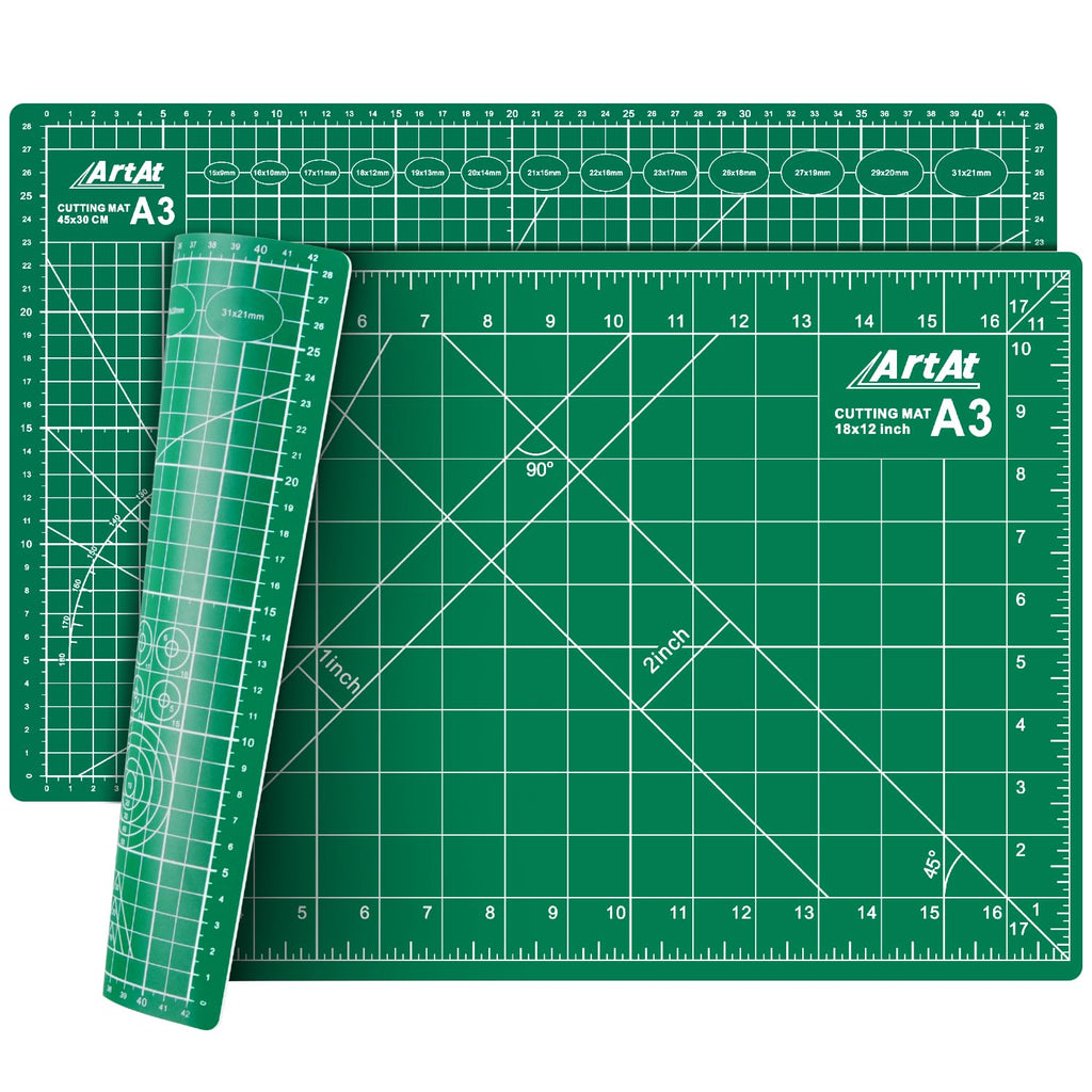 ArtAt Self Healing Cutting Mat: 12inch x 18inch Double Sided 5-Ply Fabric Cutting Mat for Sewing, Quilting & Arts & Crafts - Gridded Rotary Cutting Board Mat in Green/Black.