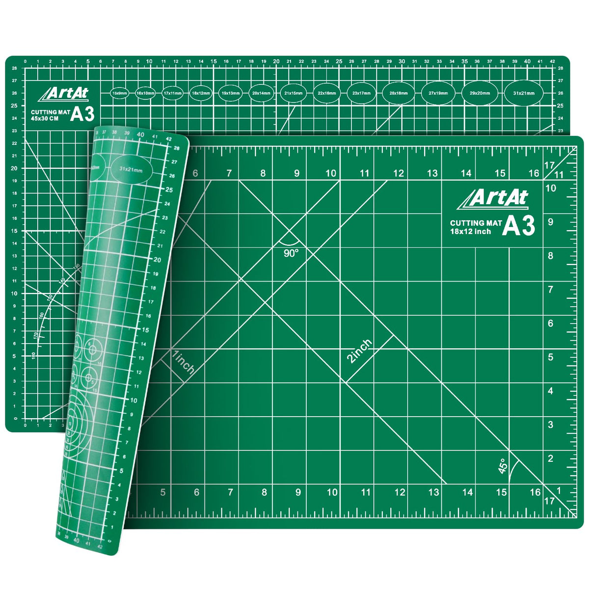 ArtAt Self Healing Cutting Mat: 12inch x 18inch Double Sided 5-Ply Fabric Cutting Mat for Sewing, Quilting & Arts & Crafts - Gridded Rotary Cutting Board Mat in Green/Black.