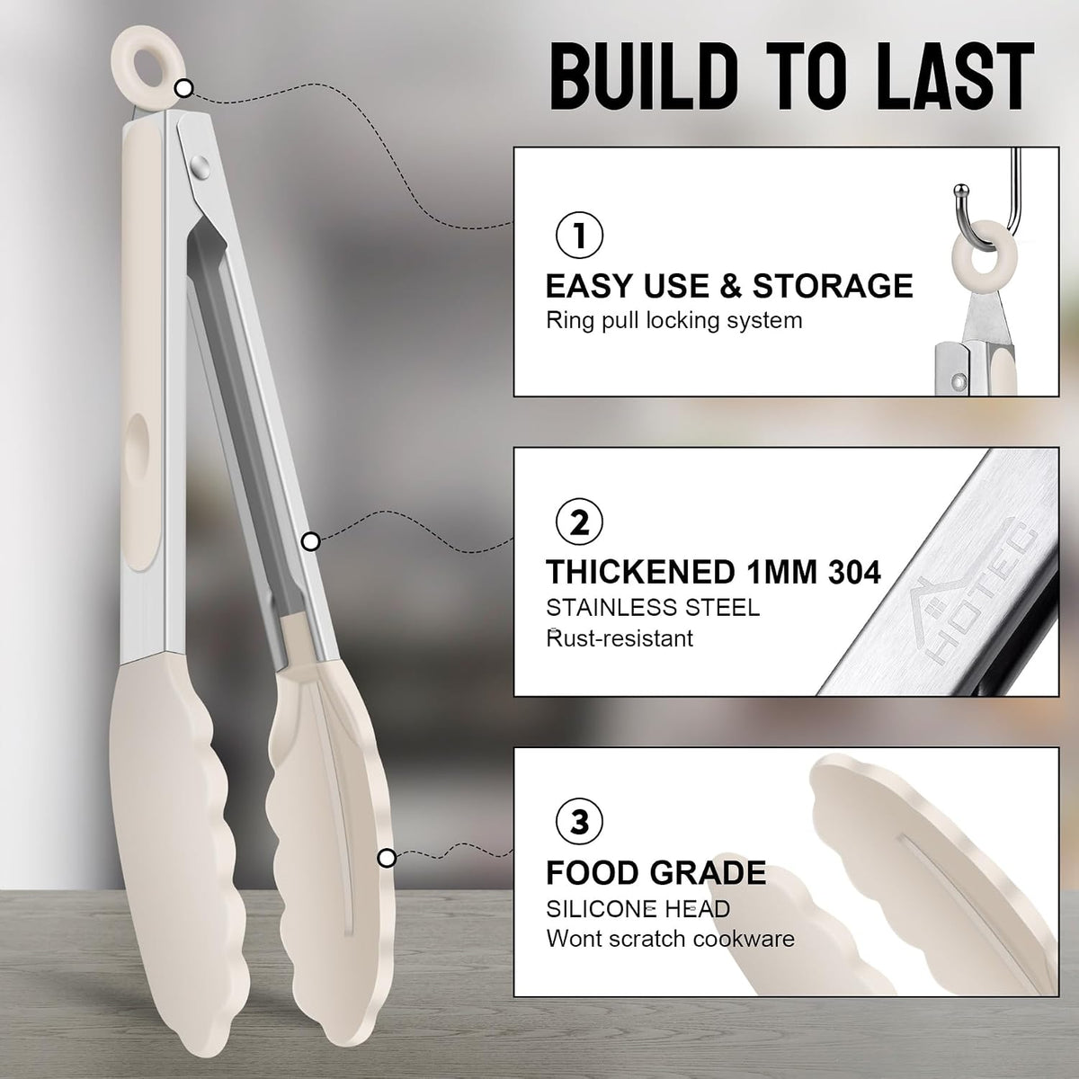 HOTEC Stainless Steel Kitchen Tongs with Silicone Tips, Set of 2-9" and 12"