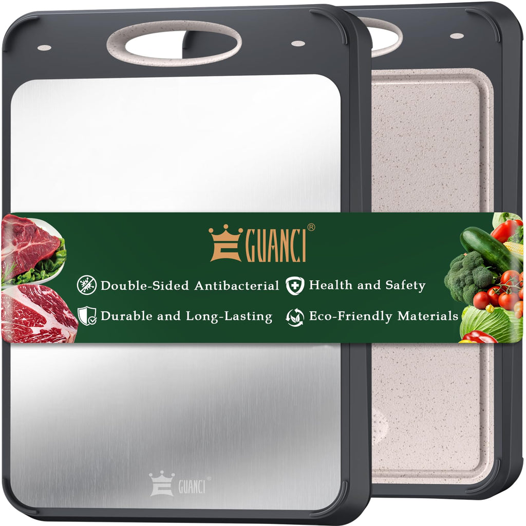 GUANCI Cutting Board for Kitchen, Non Toxic 2-in-1 Double Sided Design, 304 Food Grade Stainless Steel & Wheat Straw PP Chopping Board for Meat & Vegetables, Durable Kitchen Essential, Large 16”×11”