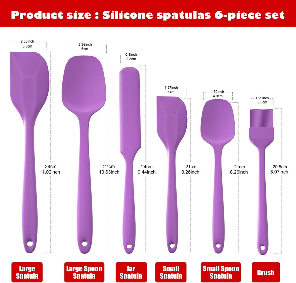 Heat Resistant Silicone Spatulas Set 6pcs, Seamless Design Non-Stick Mixing Spatulas with Stainless Steel Core, Premium BPA-Free Rubber Spatula Baking Cooking Utensile for Home Kitchen BBQ (purple)