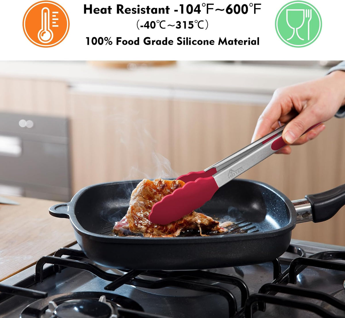 HOTEC Stainless Steel Kitchen Tongs with Silicone Tips, Set of 3-7",9" &12"