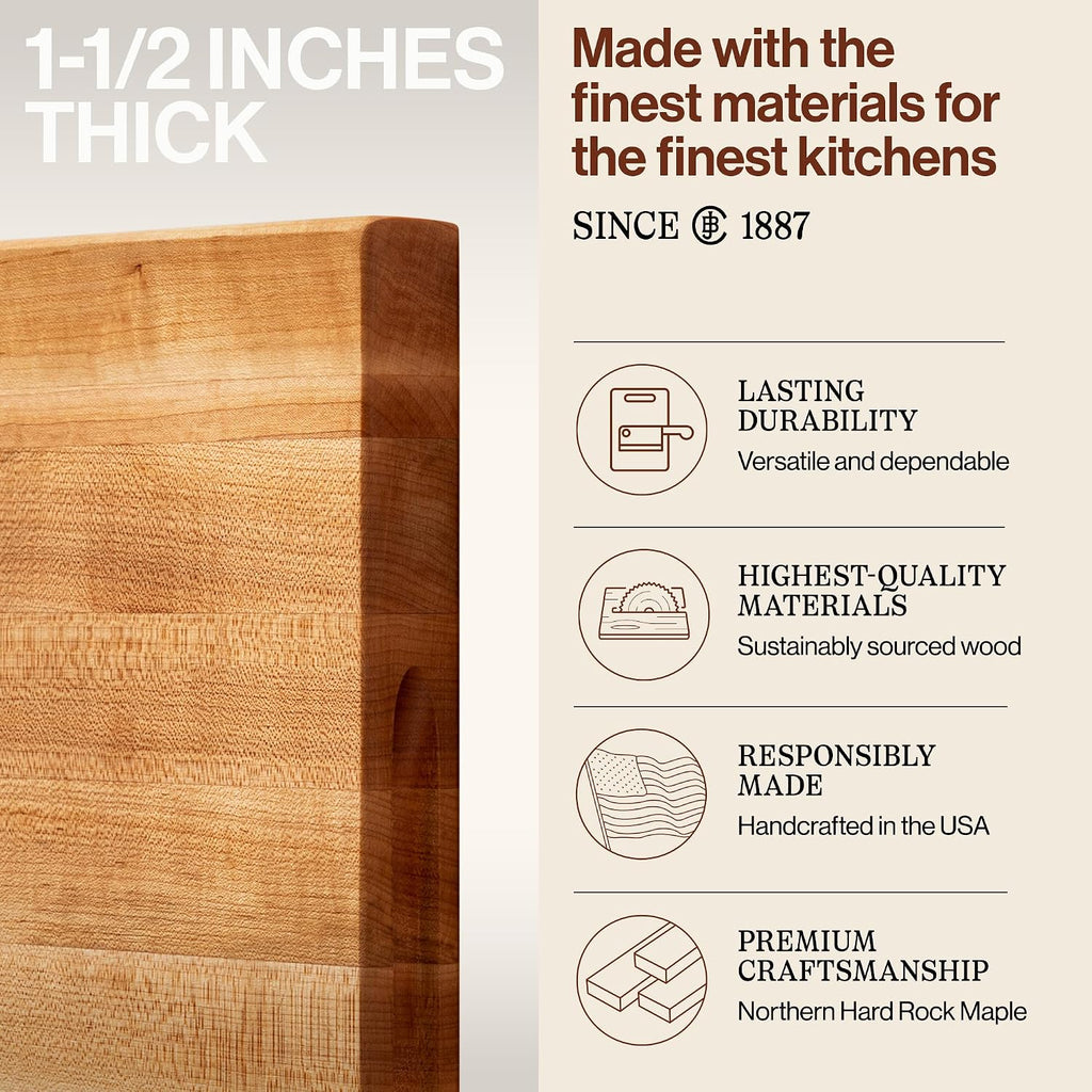 John Boos R-Board Series Rectangular Wooden Maple Cutting Board 20”x15” – 1.5” Thick, 12-lb Reversible Butcher Block with Edge-Grain & Finger Grips – Made in the USA