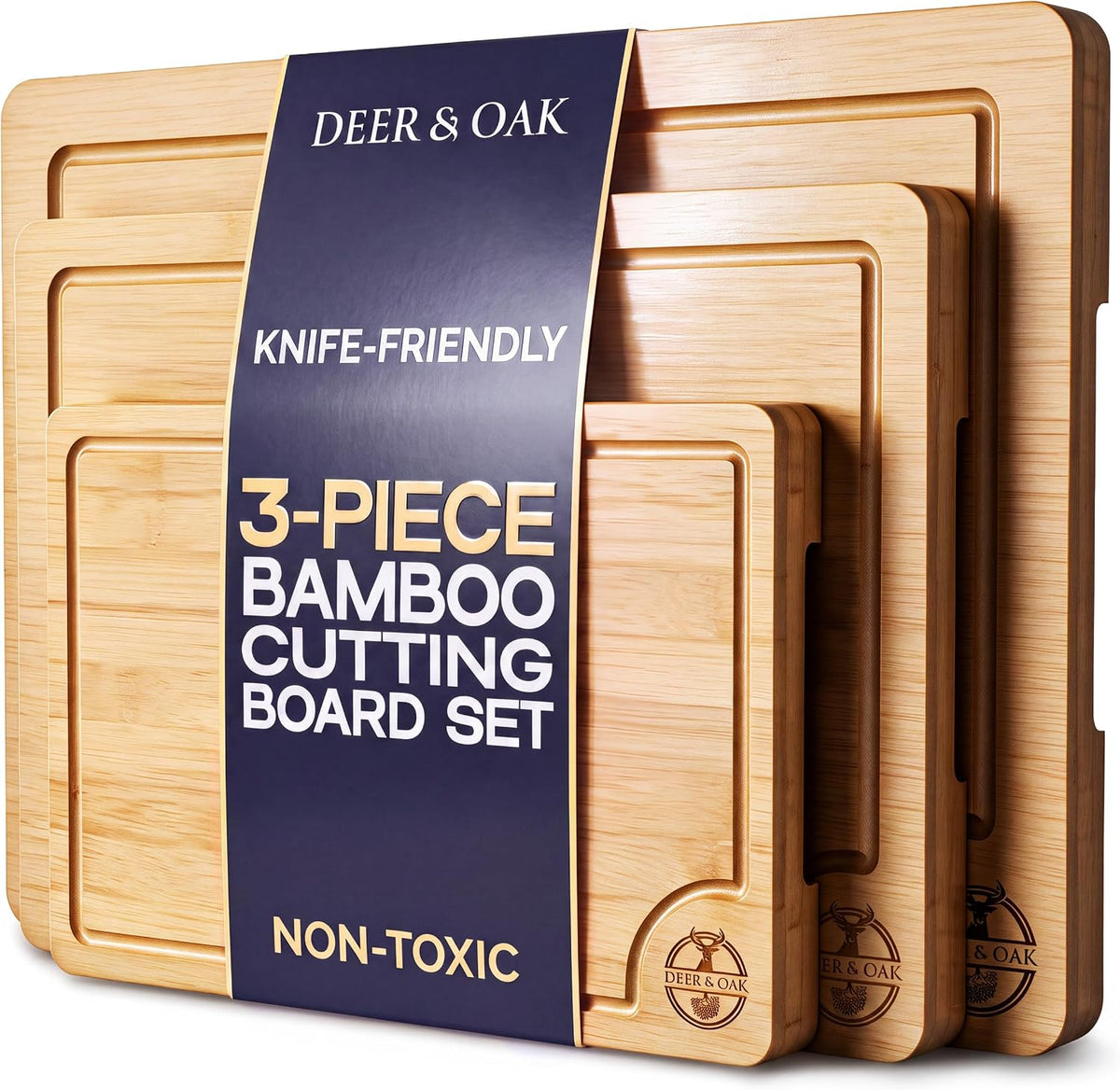 Pre-Oiled, Non Toxic 3-Piece Bamboo Cutting Board Set of 3, Pre-Oiled
