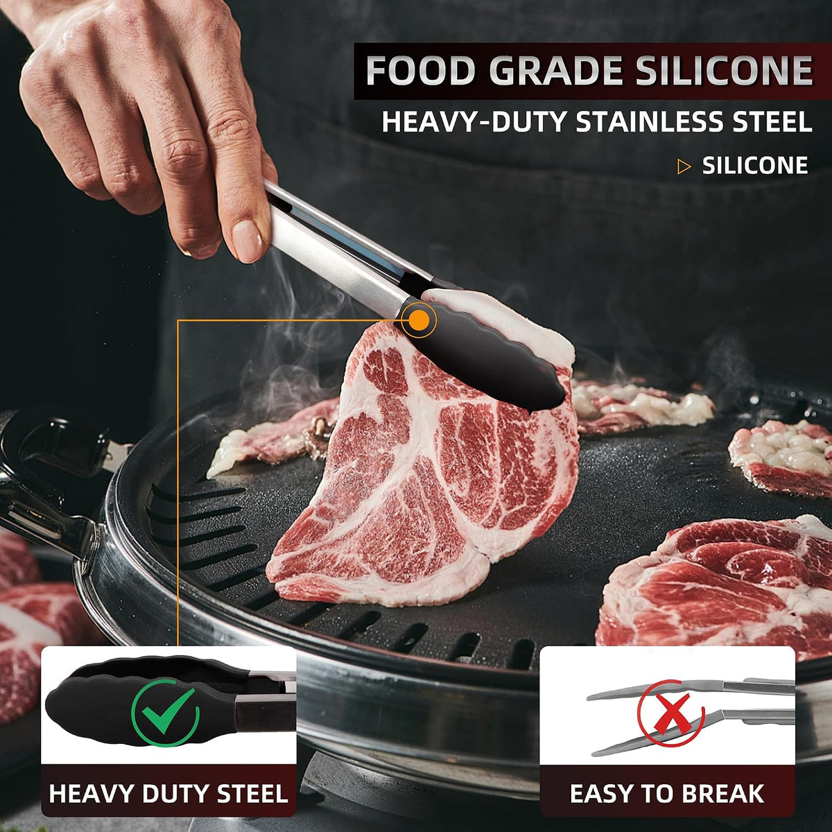 Stainless Steel Kitchen Tongs Set, 3 Pack with Silicone Tips