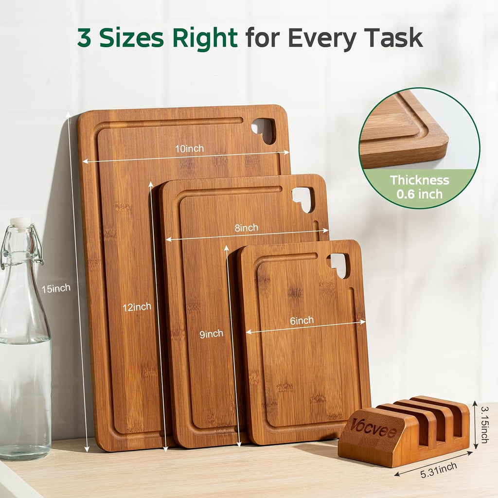 Bamboo Cutting Boards for Kitchen(Set of 3), Wood Cutting Board with Wood Storage Stand, Charcuterie & Chopping Board for Vegetables and Meat, with Deep Juice Groove, Ideal Kitchen Gifts