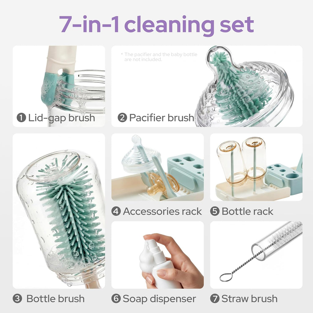 lalalark 7-in-1 Travel Baby Bottle Cleaning Kit, Silicone Brush Tools, Mint