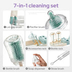 lalalark 7-in-1 Travel Baby Bottle Cleaning Kit, Silicone Brush Tools, Mint