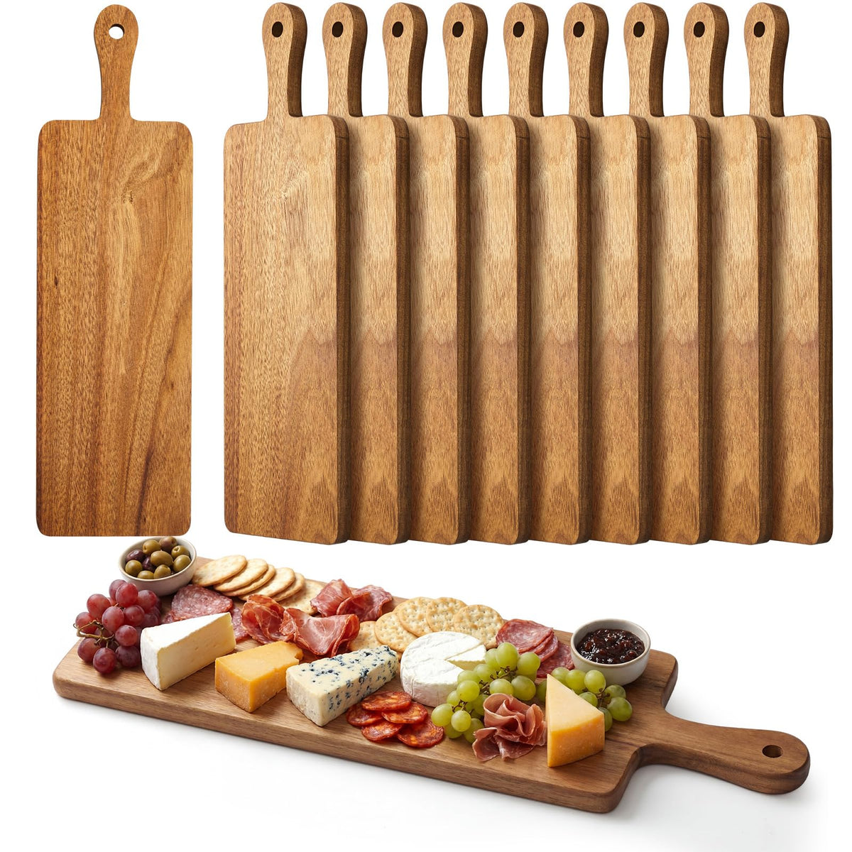 Nuenen 10 Pcs Wood Cutting Board with Handle 15.7 x 7.8 Inch Acacia Wooden Serving Kitchen Chopping Boards for Pizza, Bread, Cheese, Charcuterie, Fruit, Vegetables(Acacia)