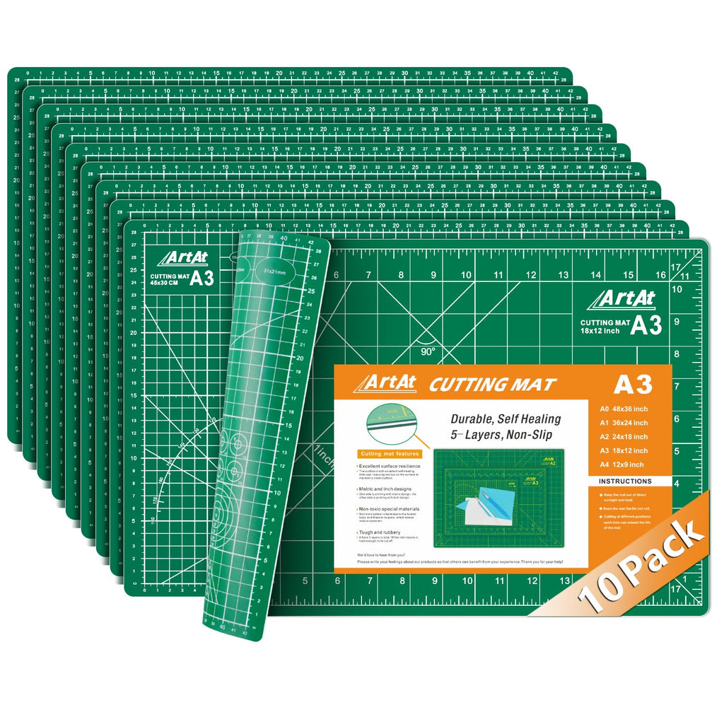 ArtAt Self Healing Cutting Mat: 12inch x 18inch Double Sided 5-Ply Fabric Cutting Mat for Sewing, Quilting & Arts & Crafts - Gridded Rotary Cutting Board Mat in Green/Black.