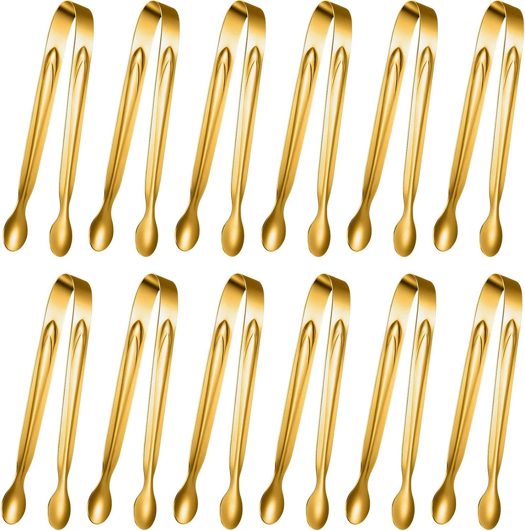 Gejoy 12 Pieces Mini Tongs Stainless Steel Small Sugar Serving Tongs for Charcuterie Board Appetizers Dessert Serving Food Tiny Party Danish Candy(6 Inch,Gold)