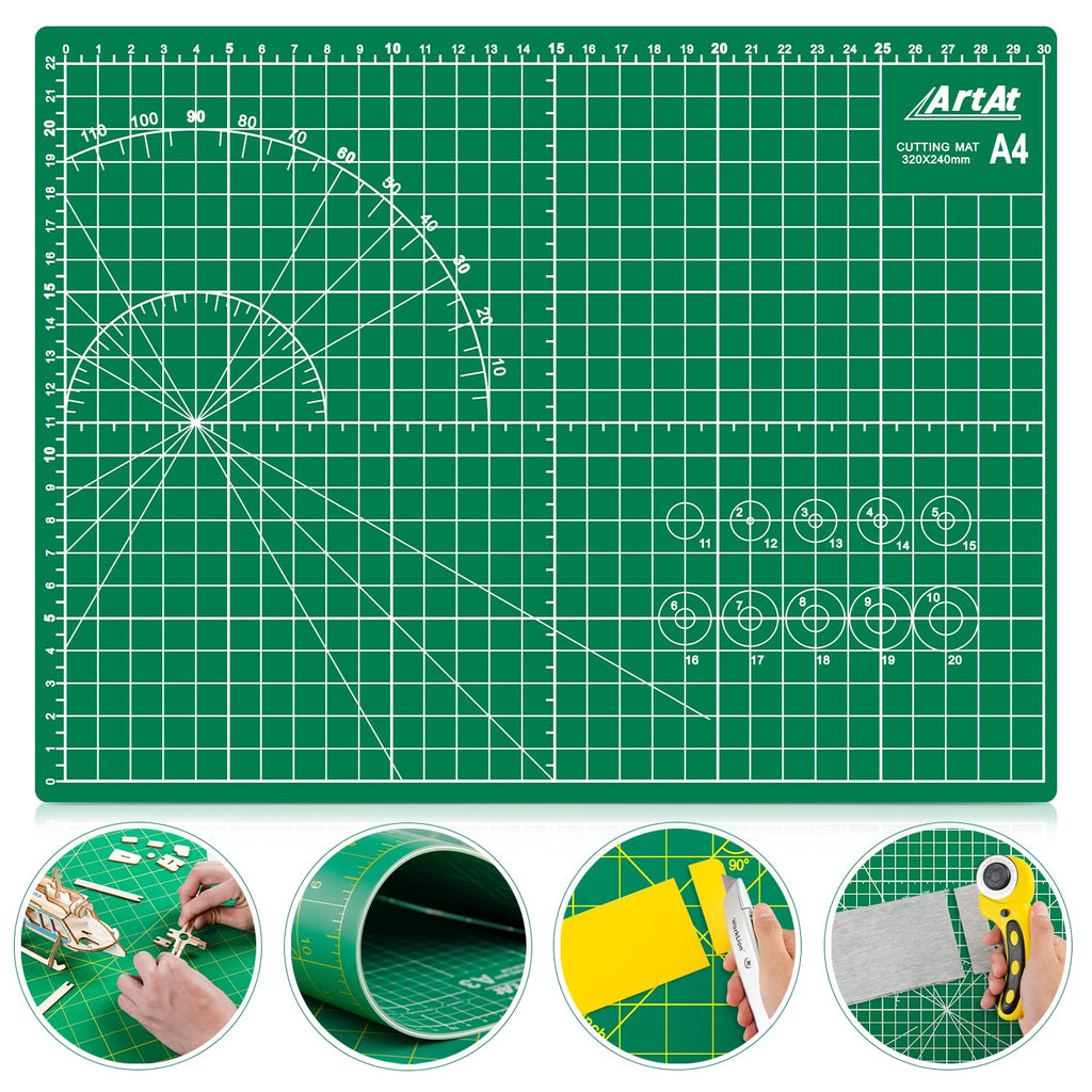 ArtAt Self Healing Cutting Mat: 12inch x 18inch Double Sided 5-Ply Fabric Cutting Mat for Sewing, Quilting & Arts & Crafts - Gridded Rotary Cutting Board Mat in Green/Black.