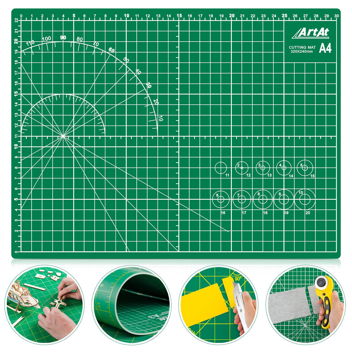ArtAt Self Healing Cutting Mat: 12inch x 18inch Double Sided 5-Ply Fabric Cutting Mat for Sewing, Quilting & Arts & Crafts - Gridded Rotary Cutting Board Mat in Green/Black.