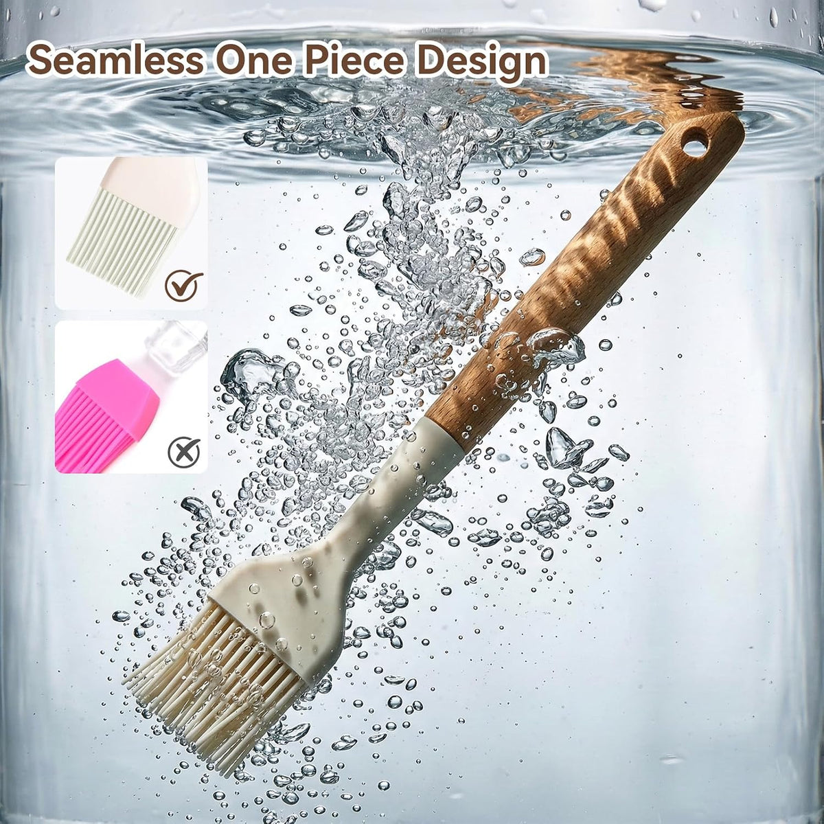 Silicone Basting Pastry Brush 2 PCS Silicone Oil Brushes with Wooden Handle Durable Heat Resistant Kitchen Brush for Cooking Baking Grilling Spreading BBQ Oil Butter Easy to Clean