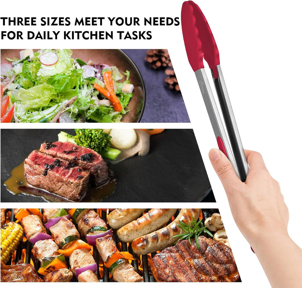 HOTEC Stainless Steel Kitchen Tongs with Silicone Tips, Set of 3-7",9" &12"