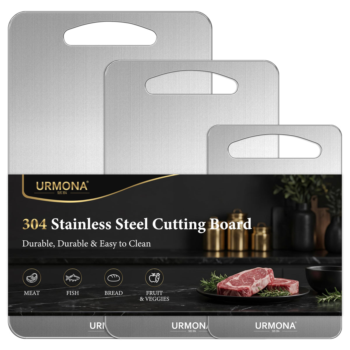 URMONA 3 PCS 304 Stainless Steel Cutting Board Set for Kitchen