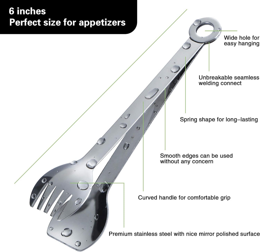 MSY BIGSUNNY Mini Appetizer Tongs Stainless Steel Set of 4, Small Serving Tongs, 6 Inch(15.2cm, Silver)