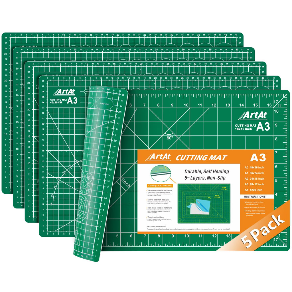 ArtAt Self Healing Cutting Mat: 12inch x 18inch Double Sided 5-Ply Fabric Cutting Mat for Sewing, Quilting & Arts & Crafts - Gridded Rotary Cutting Board Mat in Green/Black.