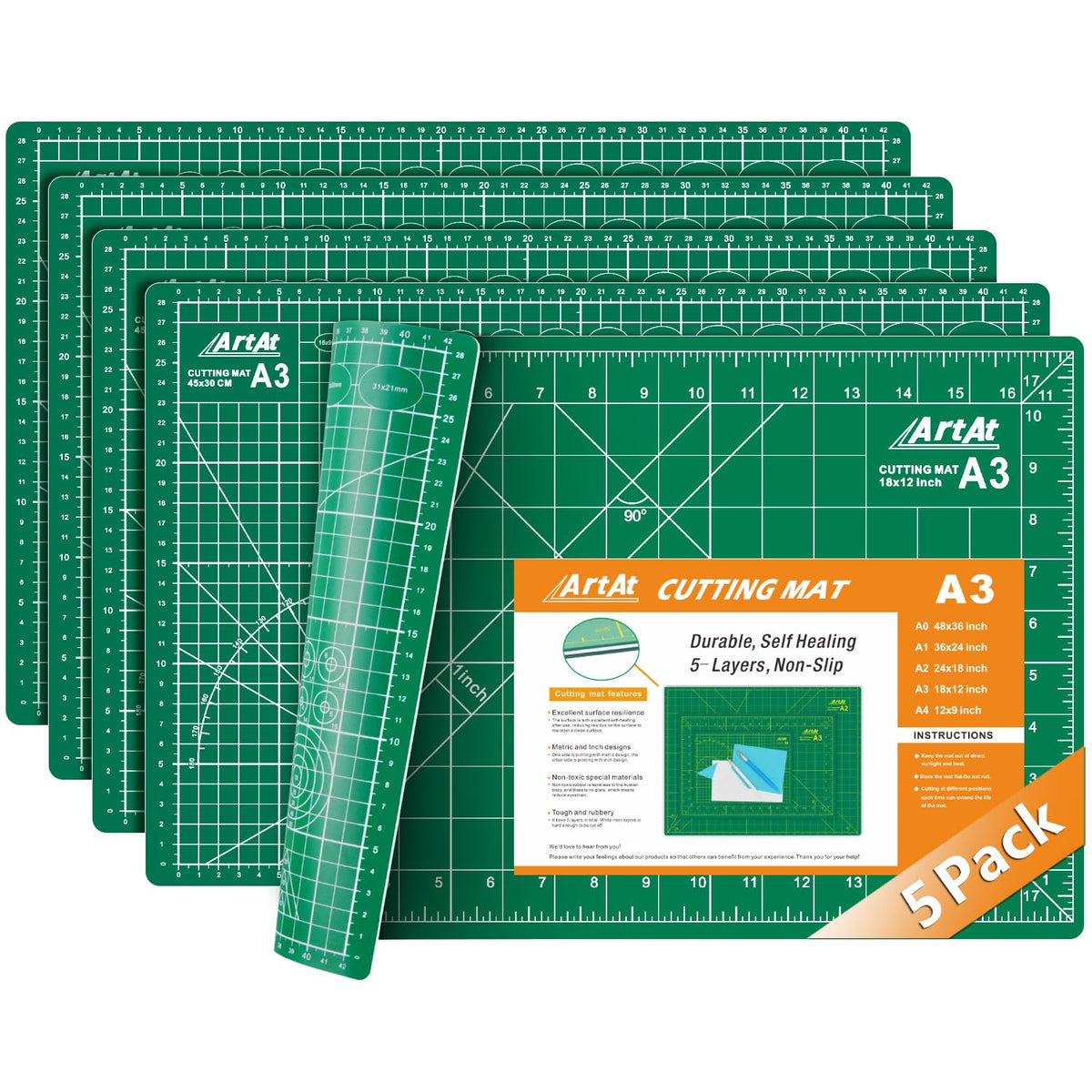 ArtAt Self Healing Cutting Mat: 12inch x 18inch Double Sided 5-Ply Fabric Cutting Mat for Sewing, Quilting & Arts & Crafts - Gridded Rotary Cutting Board Mat in Green/Black.