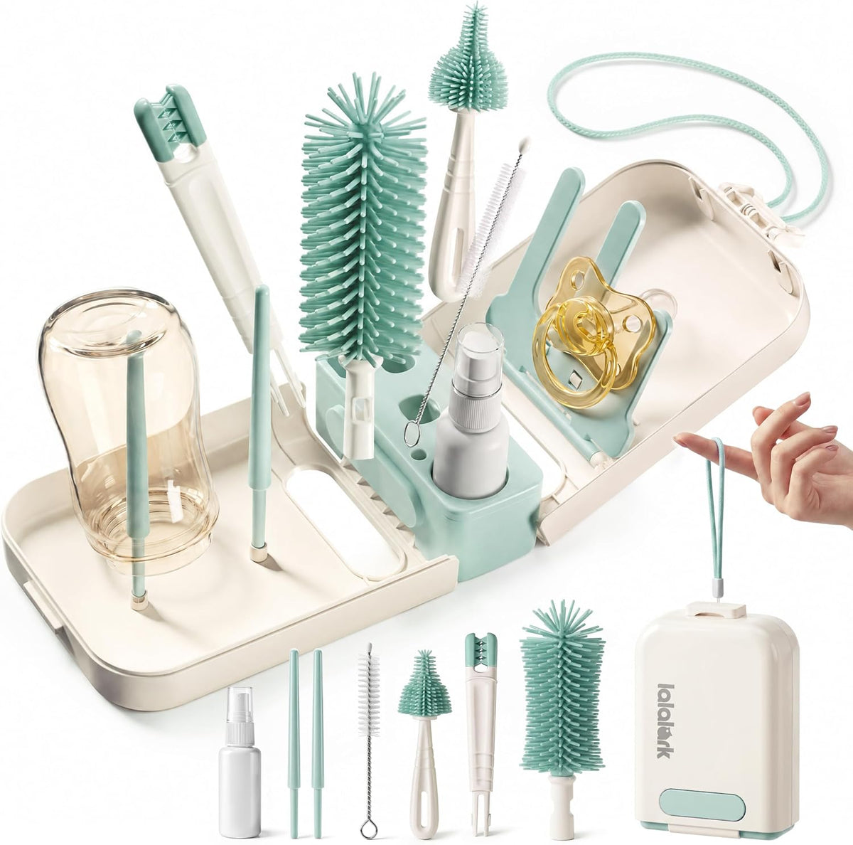 lalalark 7-in-1 Travel Baby Bottle Cleaning Kit, Silicone Brush Tools, Mint