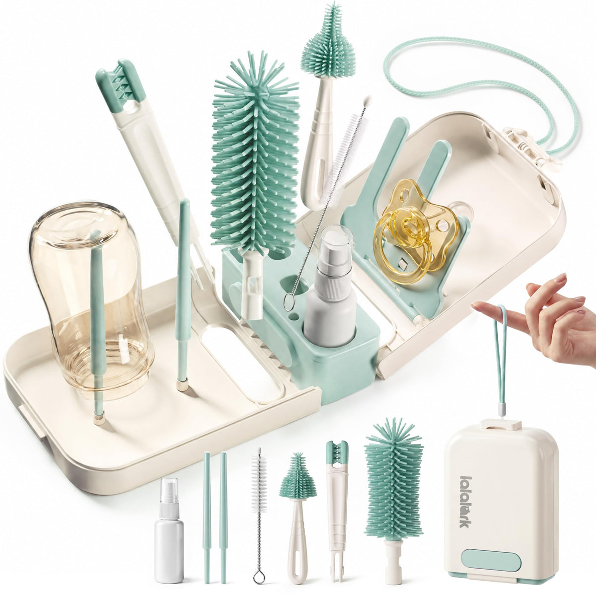 lalalark 7-in-1 Travel Baby Bottle Cleaning Kit, Silicone Brush Tools, Mint