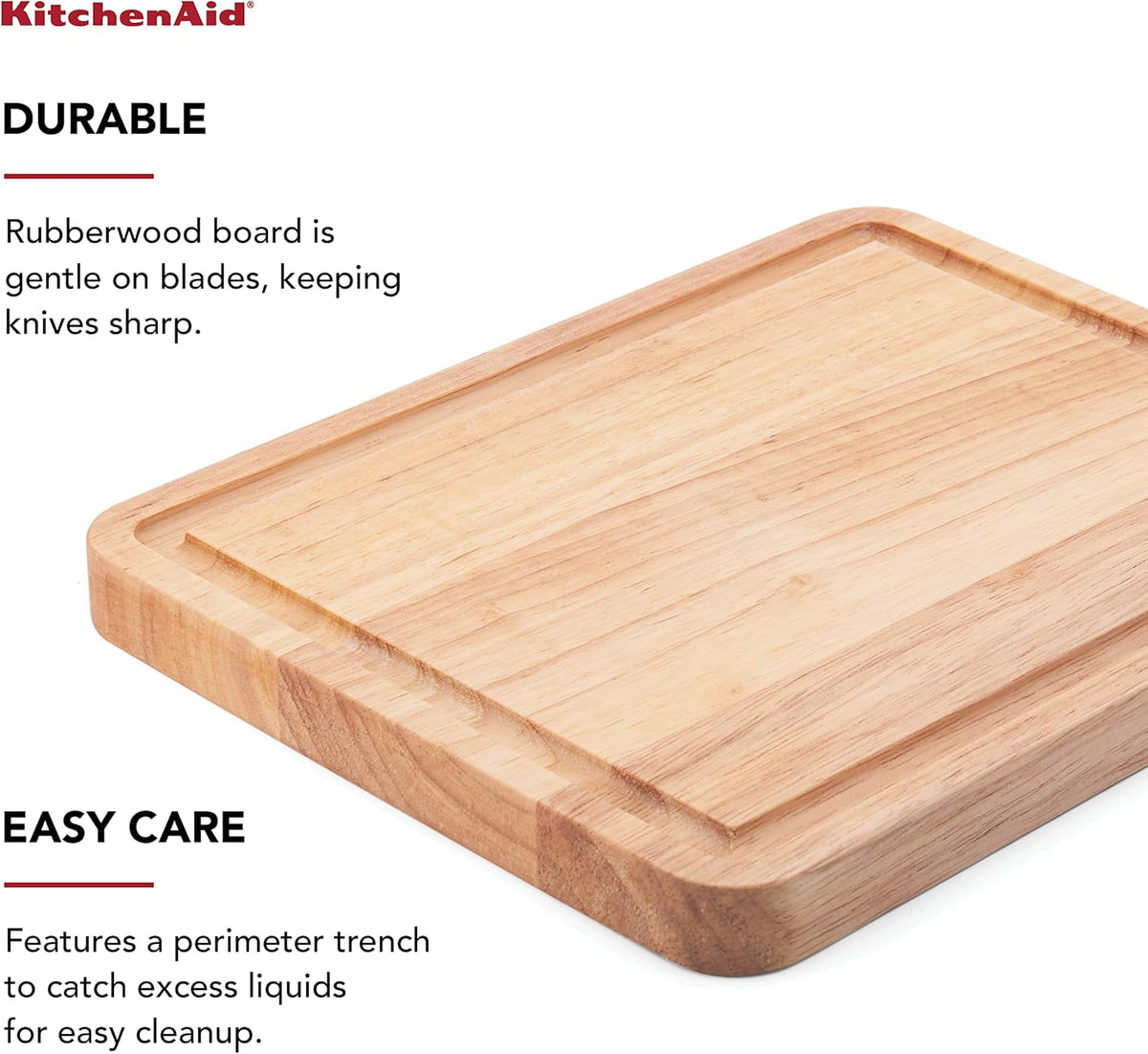 KitchenAid Classic Rubberwood Cutting Board with Perimeter Trench, Reversible Chopping Board, 8-inch x 10-Inch, Natural