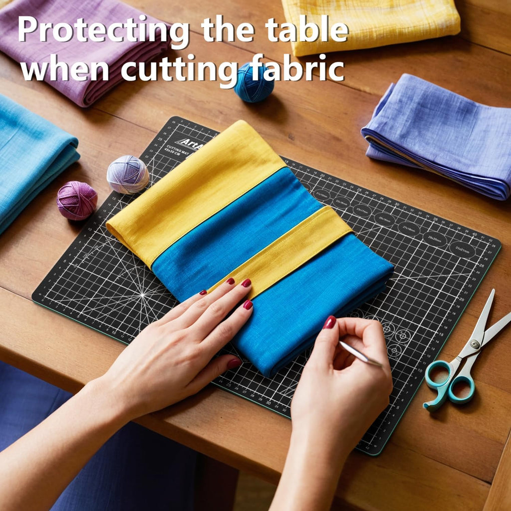 ArtAt Self Healing Cutting Mat: 12inch x 18inch Double Sided 5-Ply Fabric Cutting Mat for Sewing, Quilting & Arts & Crafts - Gridded Rotary Cutting Board Mat in Green/Black.