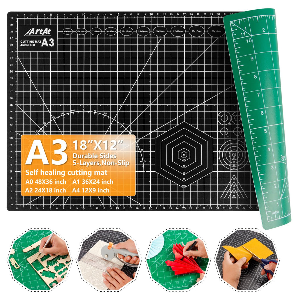 ArtAt Self Healing Cutting Mat: 12inch x 18inch Double Sided 5-Ply Fabric Cutting Mat for Sewing, Quilting & Arts & Crafts - Gridded Rotary Cutting Board Mat in Green/Black.