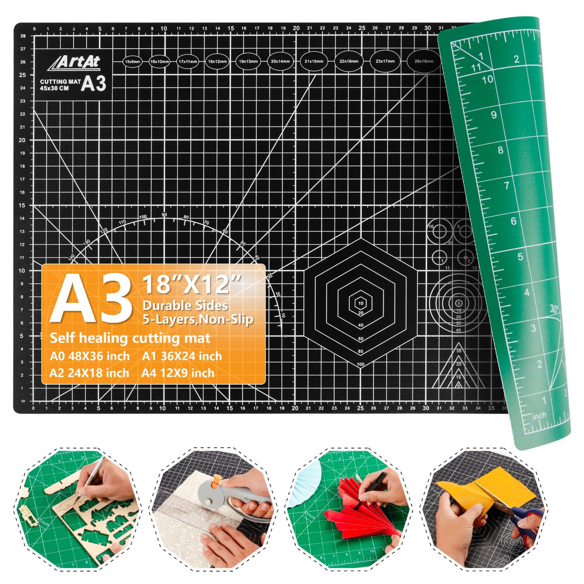 ArtAt Self Healing Cutting Mat: 12inch x 18inch Double Sided 5-Ply Fabric Cutting Mat for Sewing, Quilting & Arts & Crafts - Gridded Rotary Cutting Board Mat in Green/Black.