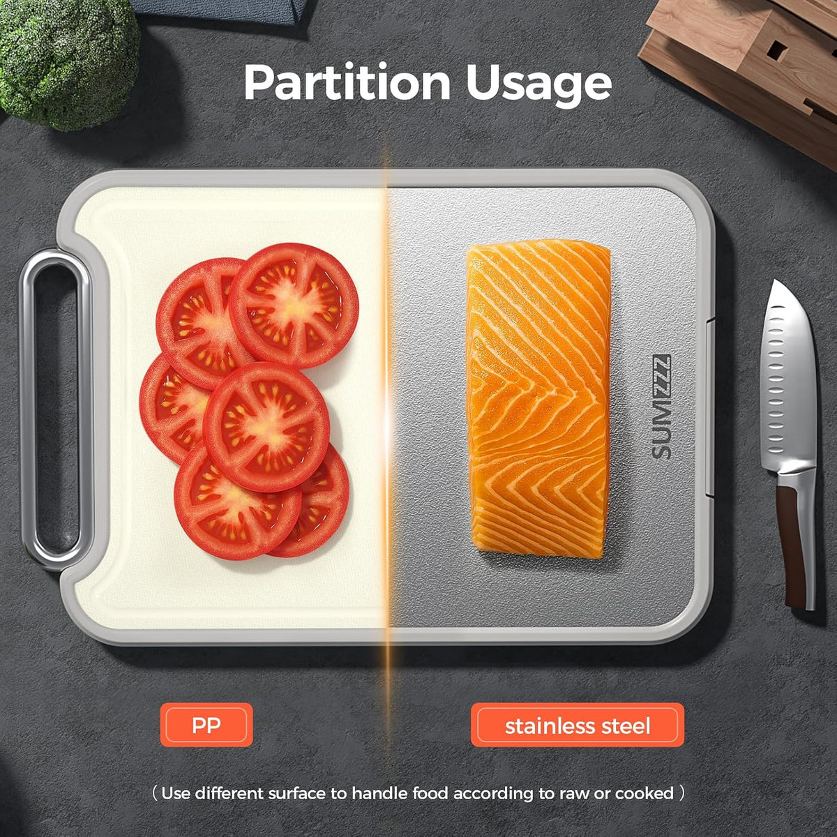 Sumzzz Stainless Steel Cutting Board for Kitchen, 2-in-1 Double-Sided Chopping Board, Dishwasher Safe, Food Grade Stainless Steel/PP, Easy to Clean, Large Size, Non-Slip, 16"×11"