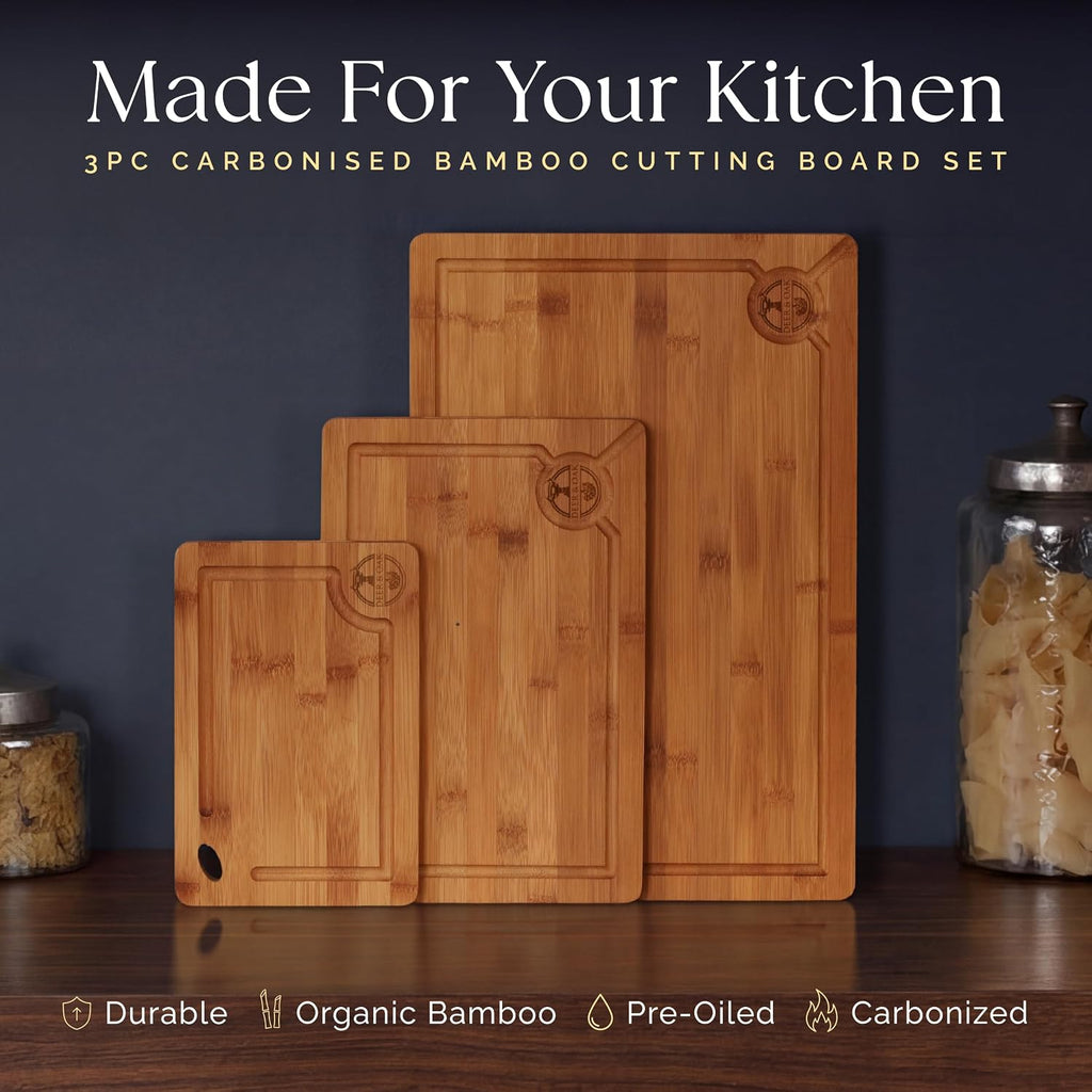 Pre-Oiled, Non Toxic 3-Piece Carbonized Bamboo Cutting Board Set