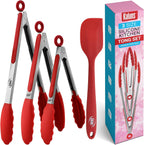 Kaluns Kitchen Tongs for Cooking Grilling Set of 4, BBQ Grill Tongs With Silicone Tip Stainless Steel Heat Resistant, Non-stick Pull Lock, Incl 7, 9, 12 Inch Tong Plus a Silicone Spatula