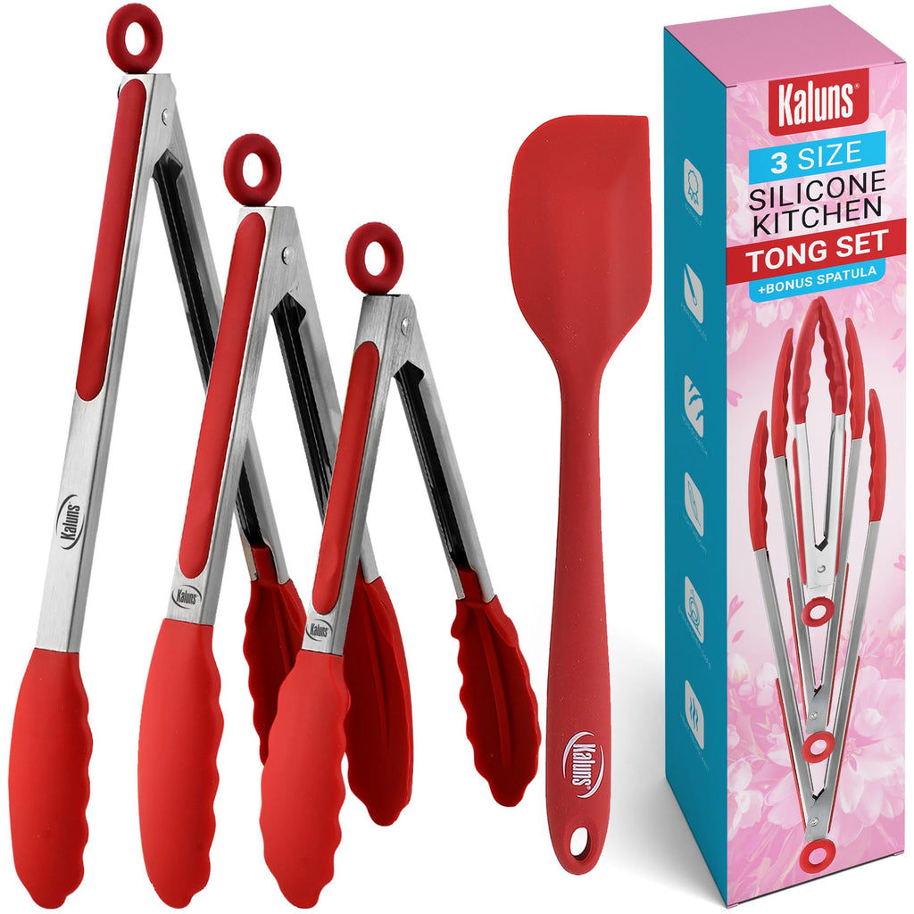 Kaluns Kitchen Tongs for Cooking Grilling Set of 4, BBQ Grill Tongs With Silicone Tip Stainless Steel Heat Resistant, Non-stick Pull Lock, Incl 7, 9, 12 Inch Tong Plus a Silicone Spatula