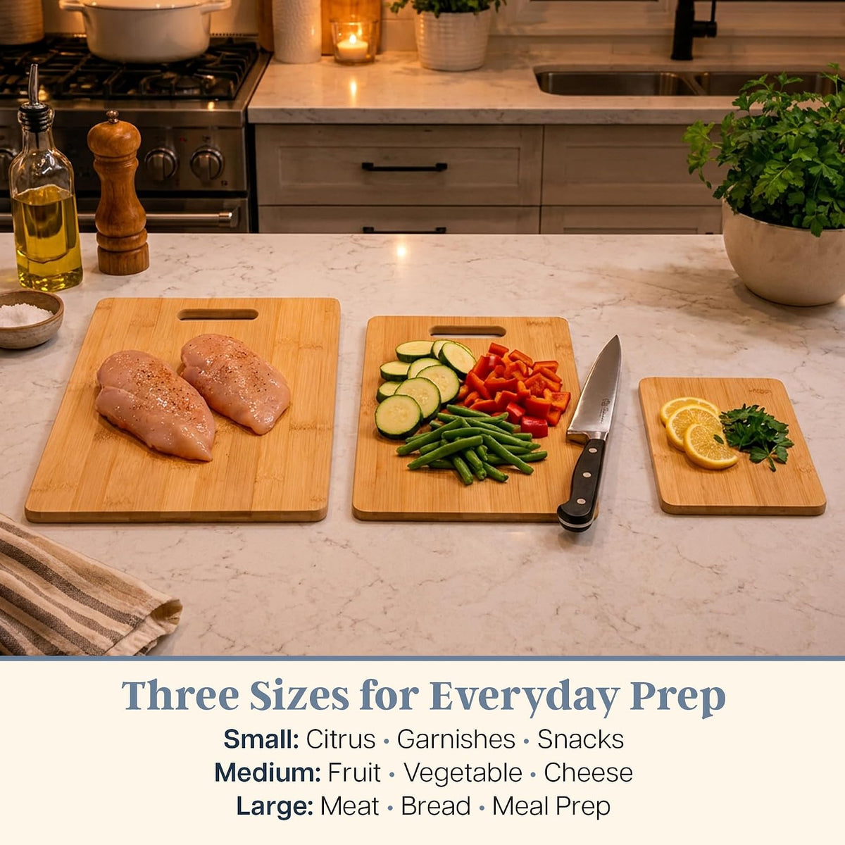 Totally Bamboo Cutting Board Set, 3 Reversible Cutting Boards for Kitchen