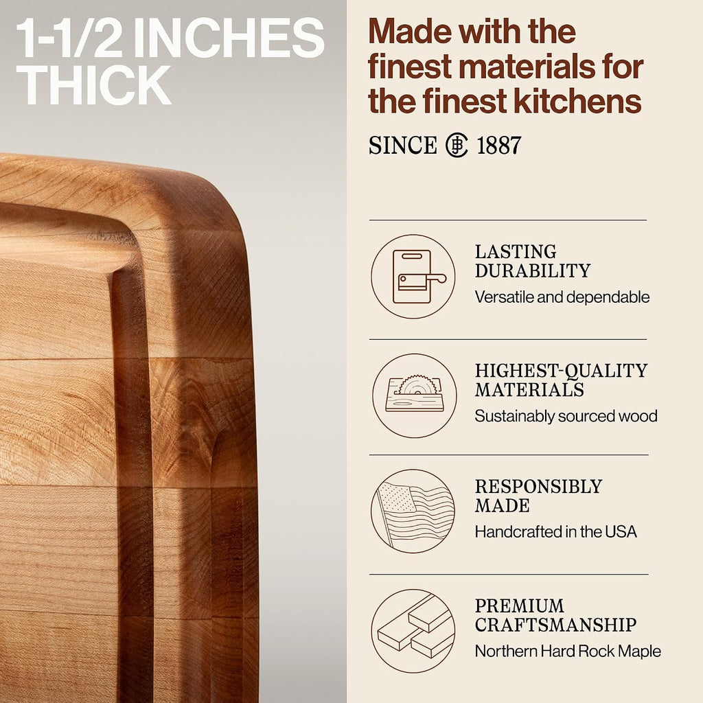 John Boos CB Series Rectangular Wooden Maple Cutting Board 20”x14” – 1.5” Thick, 12-lb Reversible Butcher Block with Rounded Edges, Juice Groove, Edge-Grain & Finger Grips – Made in the USA