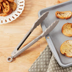 Tovolo Kitchen Tongs with Silicone Tips 9 Inch for Cooking Mixing and Serving, Easy Clean Dishwasher Safe Silicone Tipped Tongs with Locking Stainless Steel Heat Resistant, Warm Gray