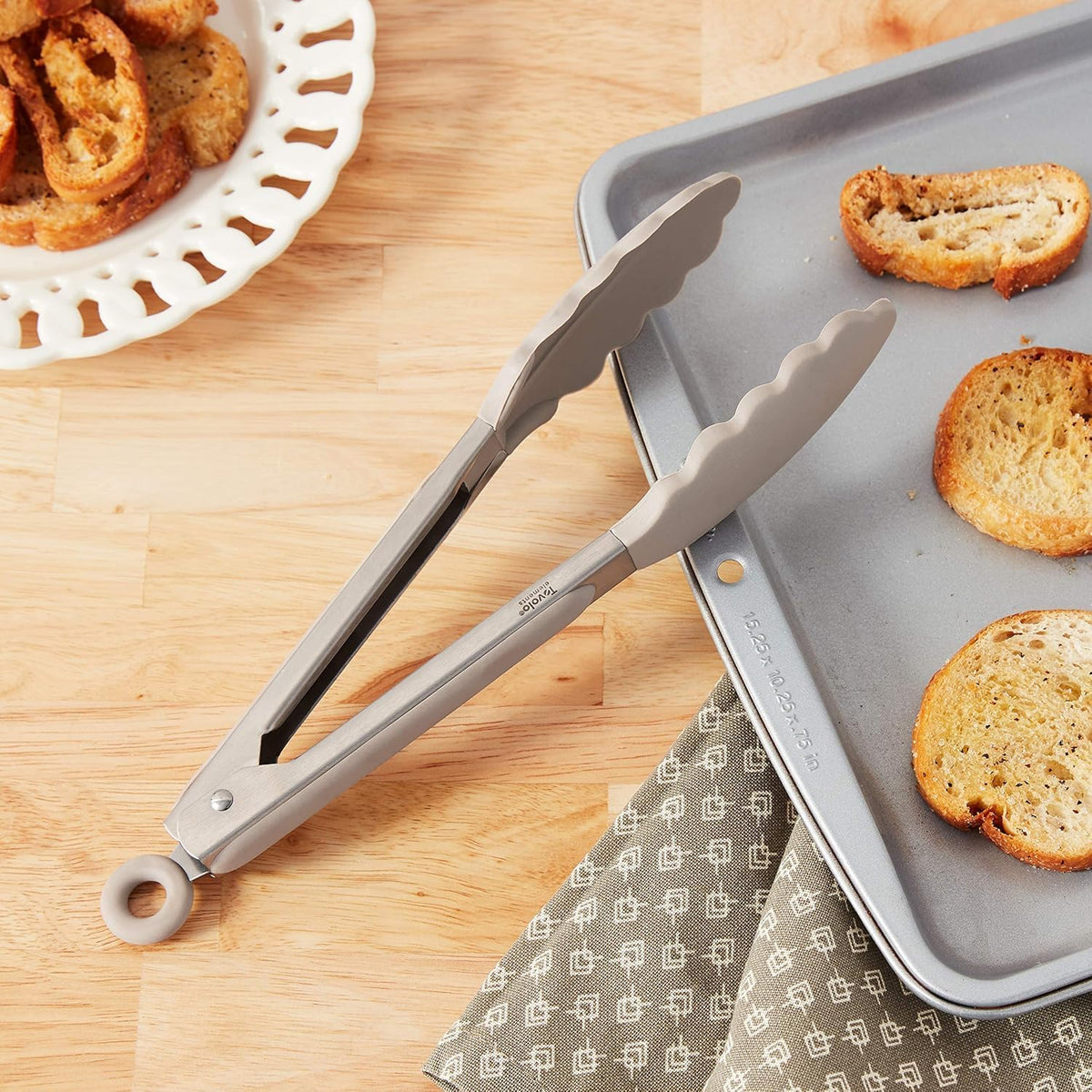 Tovolo Kitchen Tongs with Silicone Tips 9 Inch for Cooking Mixing and Serving, Easy Clean Dishwasher Safe Silicone Tipped Tongs with Locking Stainless Steel Heat Resistant, Warm Gray