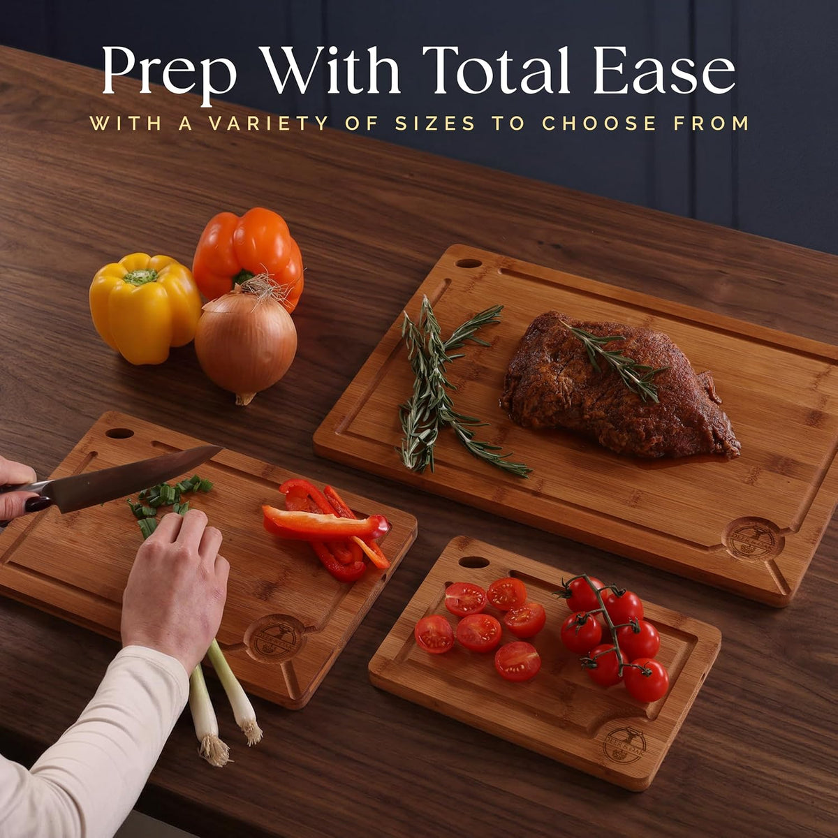 Pre-Oiled, Non Toxic 3-Piece Carbonized Bamboo Cutting Board Set